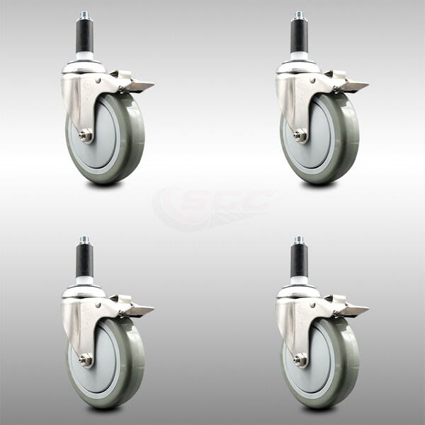 Service Caster 5 Inch 316SS Gray Poly Swivel 1-1/8 Inch Expanding Stem Caster Set Lock Brake SCC-SS316TTLEX20S514-PPUB-118-4 - main